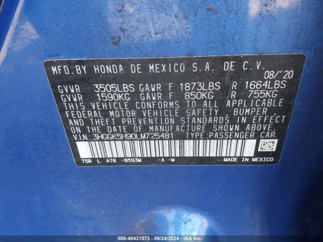 3HGGK5H90LM725481 Honda Fit Ex-l