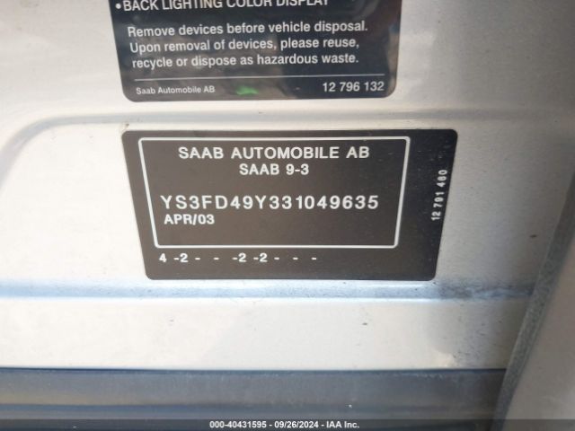 2003 SAAB 9-3 YS3FD49Y331049635 Photo 8