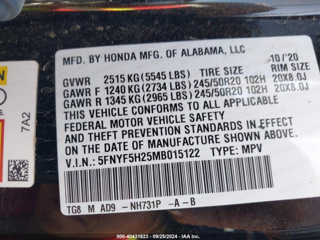 Honda Pilot 2wd Special Edition 2021 5FNYF5H25MB015122 Image 9