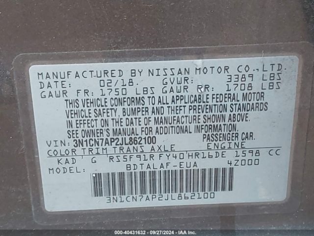 3N1CN7AP2JL862100 Nissan Versa 1.6 S