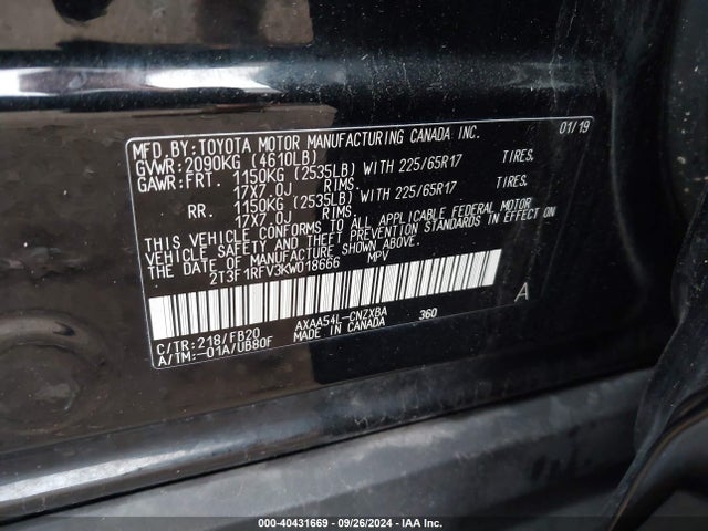 2019 Toyota Rav4 Le მანქანა იყიდება აუქციონზე, vin: 2T3F1RFV3KW018666, აუქციონის ნომერი: 40431669