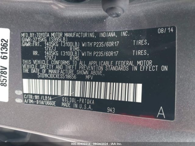 5TDYK3DCXES518656 Toyota Sienna Xle V6 8 Passenger