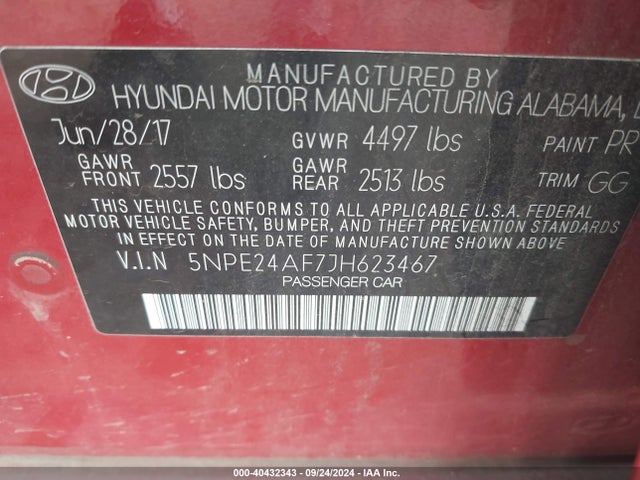 5NPE24AF7JH623467 Hyundai SONATA SE