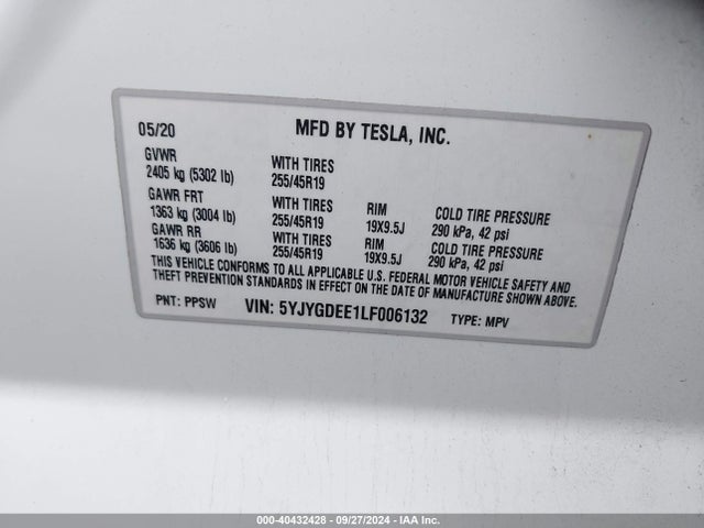 2020 TESLA MODEL Y 5YJYGDEE1LF006132 Photo 8