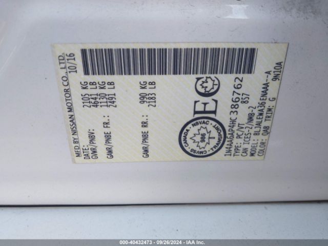 1N4AA6AP4HC386762 Nissan Maxima 3.5 Platinum/3.5 S/3.5 Sl/3.5 Sr/3.5 Sv