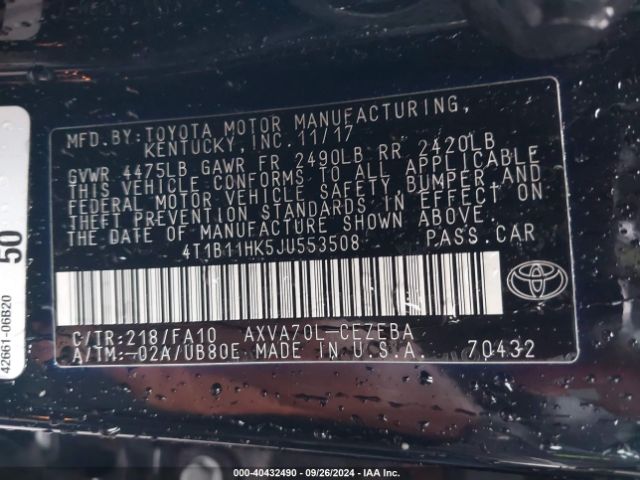 4T1B11HK5JU553508 Toyota CAMRY L