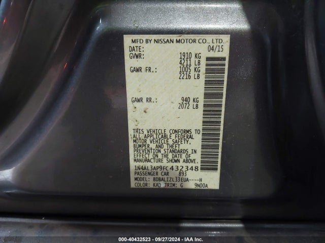 Nissan Altima 2.5 Sv 2015 1N4AL3AP9FC432348 Image 9