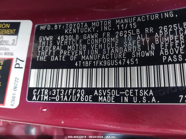 Toyota CAMRY SE 2016 4T1BF1FK9GU547451 Image 9