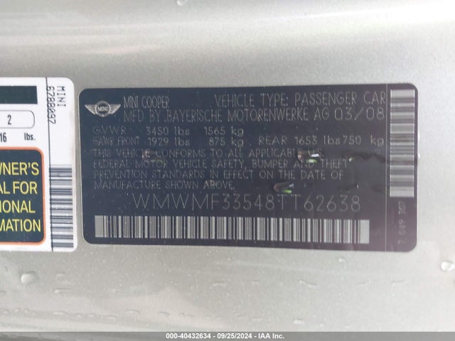 2008 MINI COOPER WMWMF33548TT62638 Photo 8
