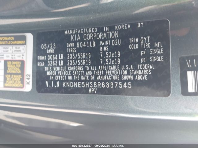 KNDNE5H38R6337545 KIA Carnival Mpv Sx Prestige