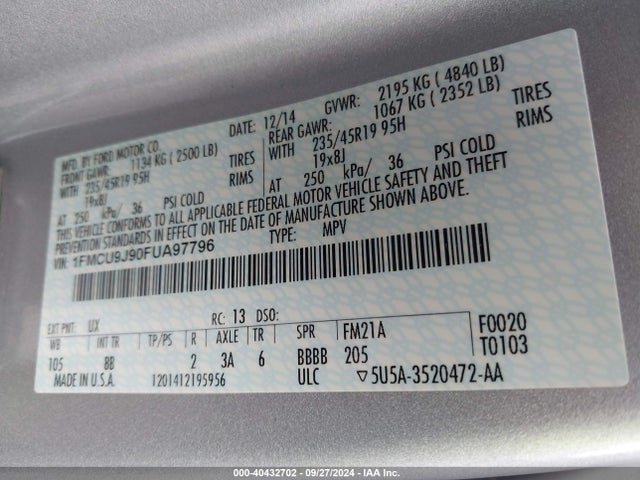 Ford Escape Titanium 2015 1FMCU9J90FUA97796 Image 9