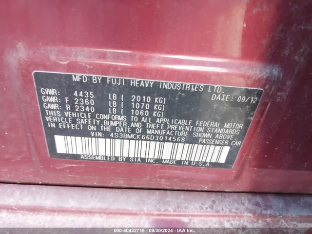 40432715 :رقم المزاد ، 4S3BMCK66D3014568 vin ، 2013 Subaru Legacy 2.5i Limited مزاد بيع