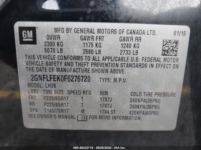 Chevrolet EQUINOX 1LT 2015 2GNFLFEK0F6276720 Image 9