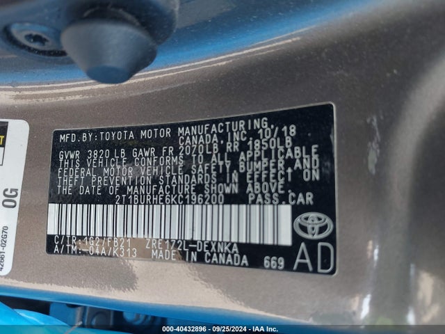 Toyota COROLLA LE 2019 2T1BURHE6KC196200 Image 9