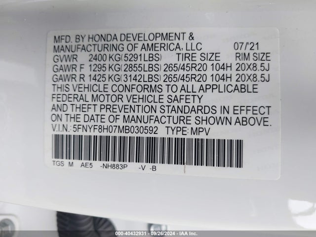 Honda Passport Awd Elite 2021 5FNYF8H07MB030592 Image 9