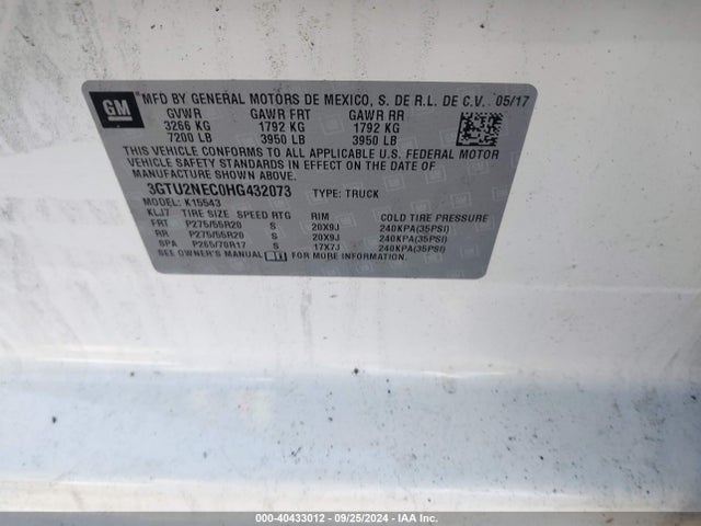 GMC Sierra 1500 Slt 2017 3GTU2NEC0HG432073 Image 9