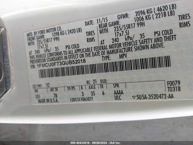 Ford ESCAPE S 2016 1FMCU0F73GUB52018 Image 9