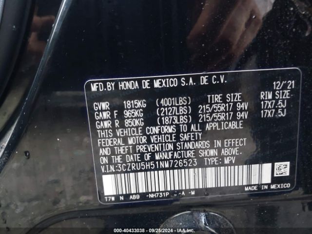 3CZRU5H51NM726523 Honda Hr-v 2wd Ex