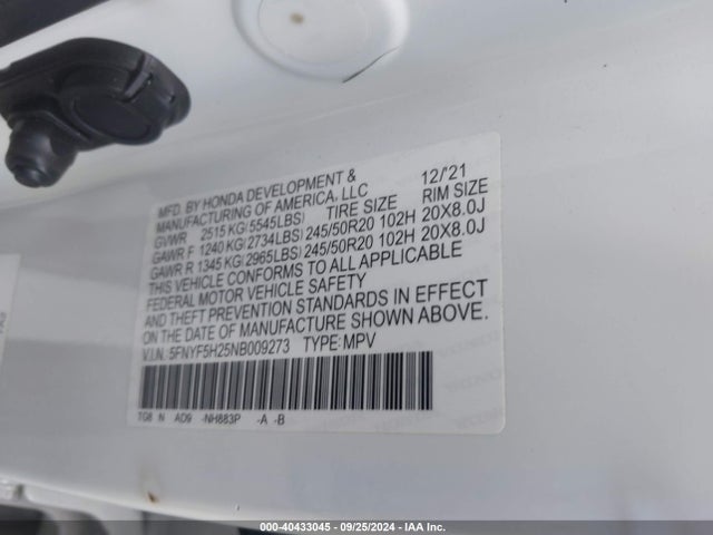 Honda Pilot 2wd Special Edition 2022 5FNYF5H25NB009273 Image 9