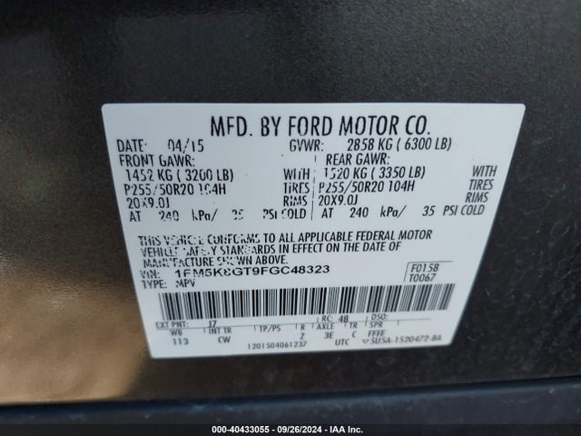 Ford EXPLORER SPORT 2015 1FM5K8GT9FGC48323 Image 9
