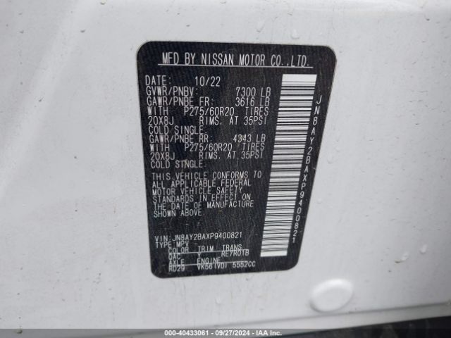 JN8AY2BAXP9400821 Nissan Armada Sl 2wd