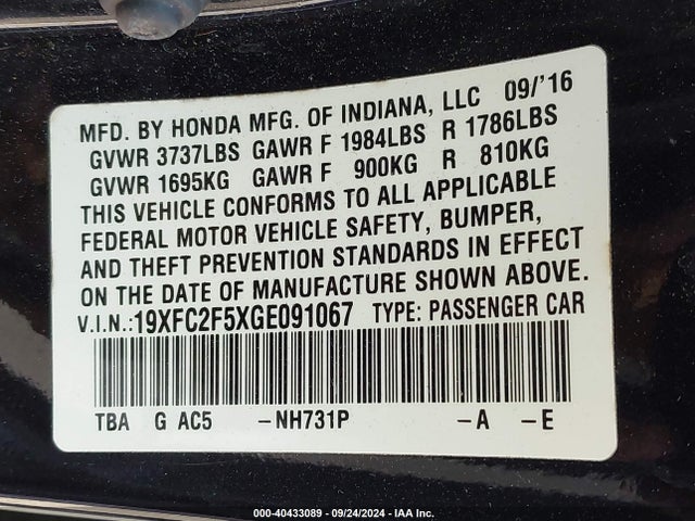 Honda Civic Lx 2016 19XFC2F5XGE091067 Image 9