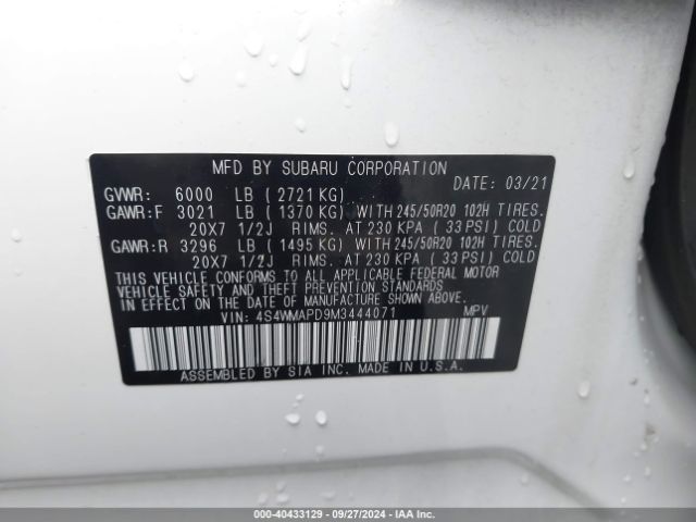 4S4WMAPD9M3444071 Subaru Ascent Limited