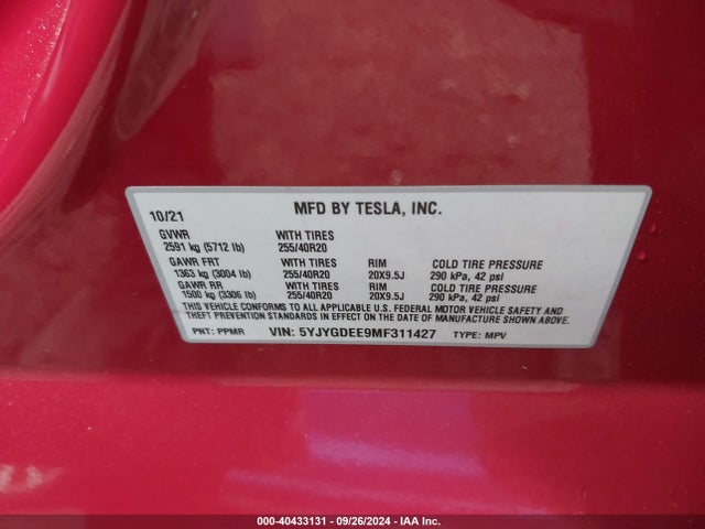 2021 TESLA MODEL Y 5YJYGDEE9MF311427 Photo 8