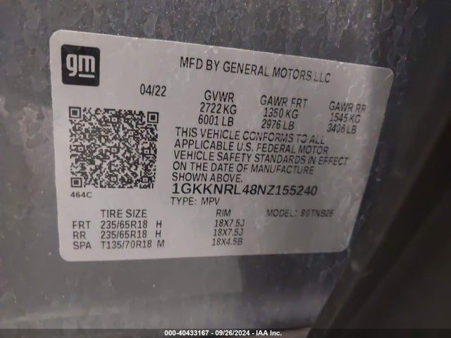 1GKKNRL48NZ155240 GMC Acadia Awd Sle