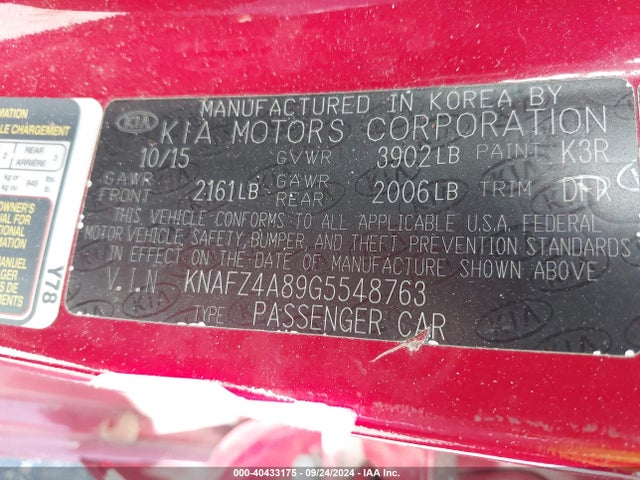 KNAFZ4A89G5548763 KIA FORTE EX