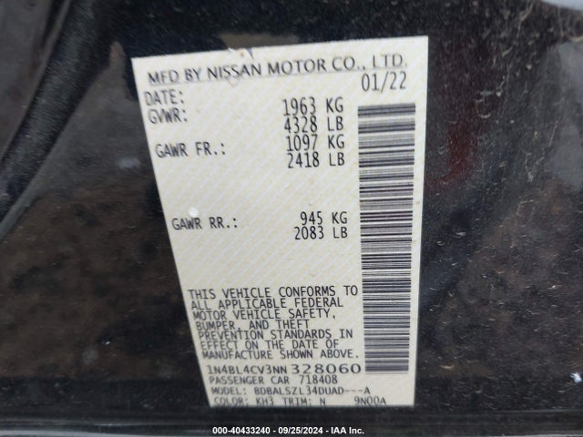 Nissan Altima Sr Fwd 2022 1N4BL4CV3NN328060 Image 9