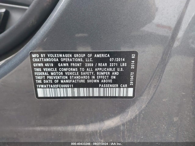 Volkswagen Passat 1.8t Wolfsburg Edition 2015 1VWAT7A32FC005511 Image 9