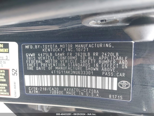 4T1G11AK3NU633301 Toyota CAMRY SE