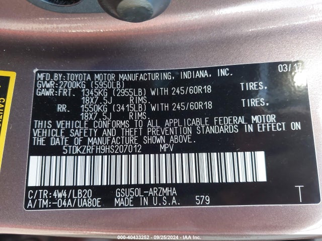 Toyota Highlander Xle 2017 5TDKZRFH9HS207012 Image 9