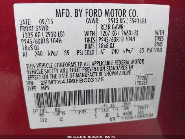 Ford EDGE SEL 2015 2FMTK4J99FBC03175 Image 9