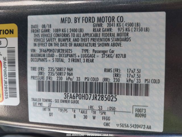 3FA6P0HD7JR285025 Ford FUSION SE