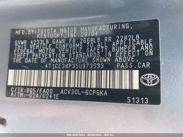 40433293 :رقم المزاد ، 4T1CE38P35U973533 vin ، 2005 Toyota Camry Solara Sle مزاد بيع