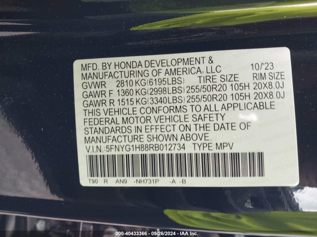 Honda Pilot Awd Elite 2024 5FNYG1H88RB012734 Image 9