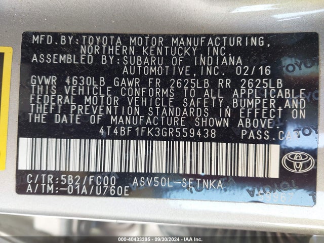Toyota CAMRY LE 2016 4T4BF1FK3GR559438 Image 9