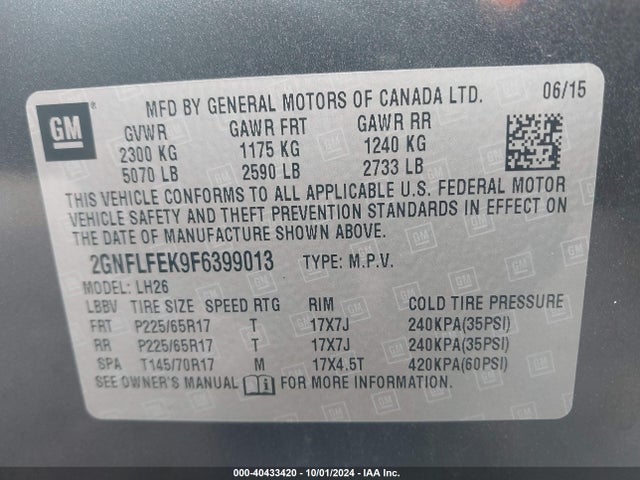Chevrolet EQUINOX 1LT 2015 2GNFLFEK9F6399013 Image 9
