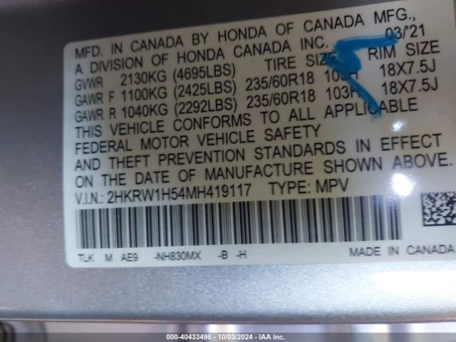 2HKRW1H54MH419117 Honda Cr-v 2wd Ex
