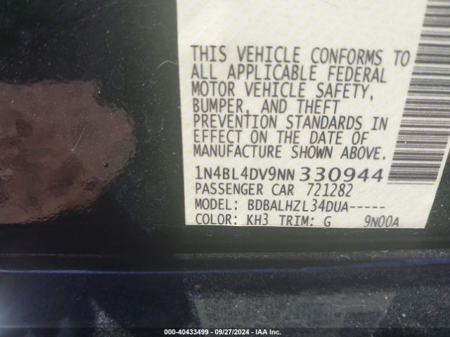 1N4BL4DV9NN330944 Nissan Altima Sv Fwd