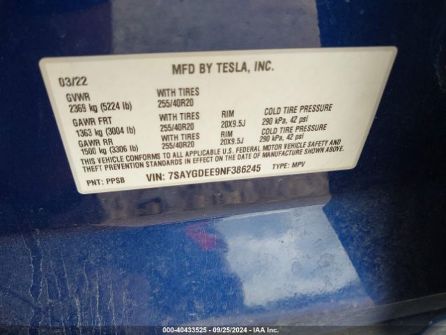 7SAYGDEE9NF386245 Tesla Model Y Long Range Dual Motor All-wheel Drive