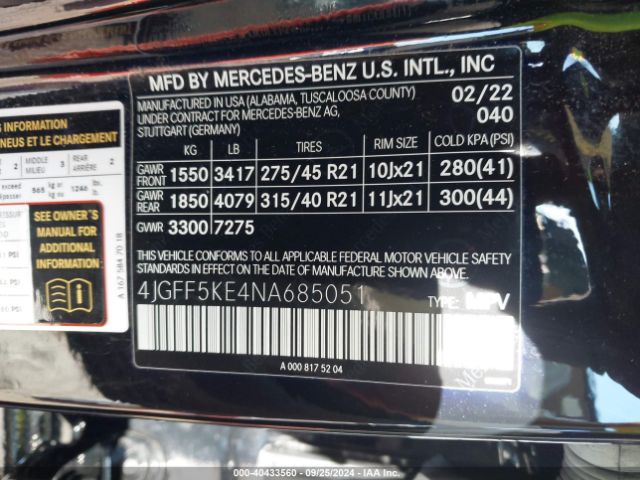 4JGFF5KE4NA685051 Mercedes-Benz Gls 450 4matic