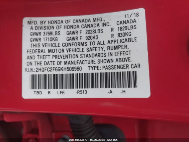 2019 HONDA CIVIC 2HGFC2F66KH506960 Photo 8