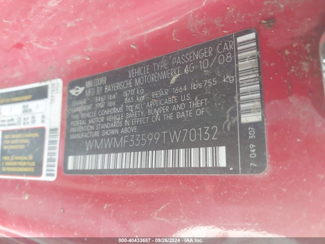 2009 MINI COOPER WMWMF33599TW70132 Photo 8