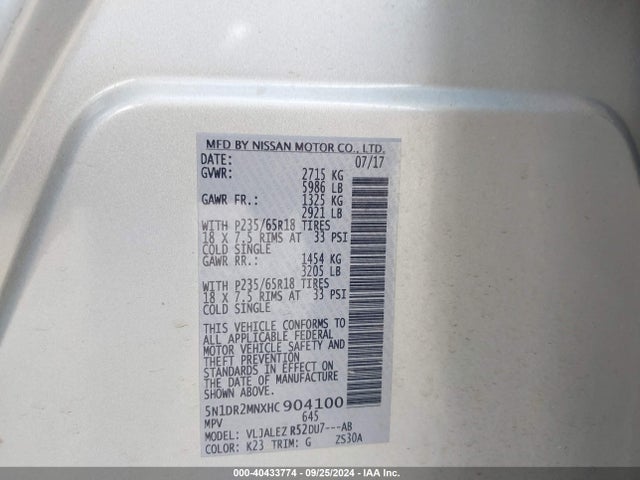 Nissan Pathfinder Sv 2017 5N1DR2MNXHC904100 Image 9