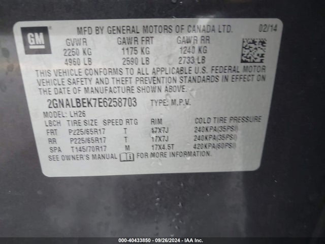 Chevrolet EQUINOX 1LT 2014 2GNALBEK7E6258703 Image 9