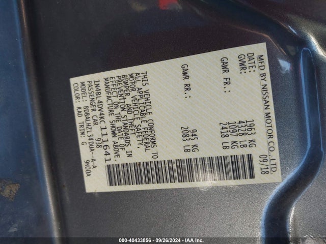 Nissan Altima 2.5 Sv 2019 1N4BL4DV4KC111641 Image 9