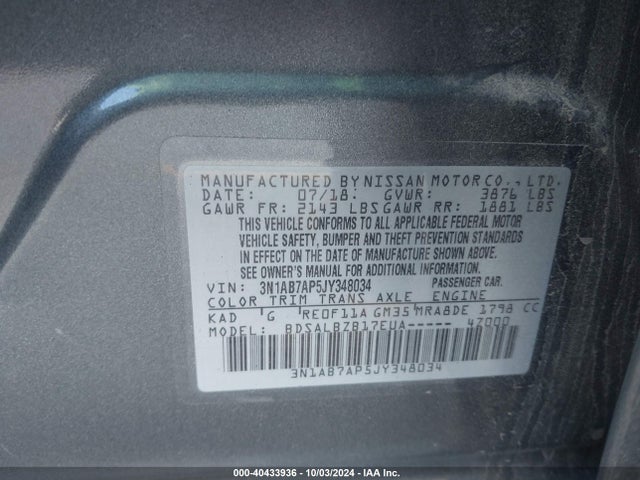 Nissan SENTRA S 2018 3N1AB7AP5JY348034 Image 9